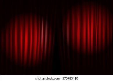 Opening stage curtains with bright projectors. Vector illustration. Standup show template