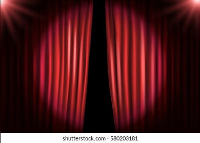 Opening stage curtains with bright projectors. Vector illustration. Standup show template