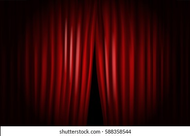 Opening stage curtains with bright projectors. Vector illustration. Standup show template