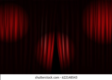 Opening stage curtains with bright projectors. Vector illustration. Standup show template