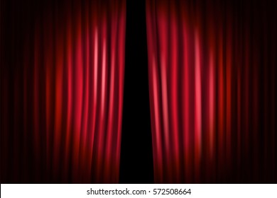 Opening stage curtains with shining microphone. Vector illustration. Standup show template