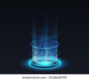 Opening of teleport podium realistic vector illustration. Magical aura light effect 3d elements on black background. Fantasy design template