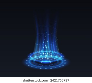 Apertura de la ilustración de vector realista de telepuerto podio. La luz aura mágica efecto elementos 3d sobre el fondo negro. Plantilla de diseño de fantasía,Apertura de ilustración vectorial de podio teletransportador realista. 