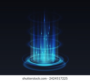 Opening of teleport podium realistic vector illustration. Magical aura light effect 3d elements on black background. Fantasy design template