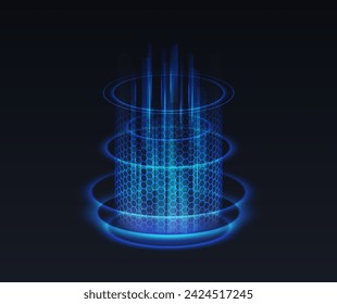 Apertura del podio de teletransporte ilustración vectorial realista. Elementos 3d mágicos del efecto de la luz del aura sobre fondo negro. Plantilla de diseño fantástico