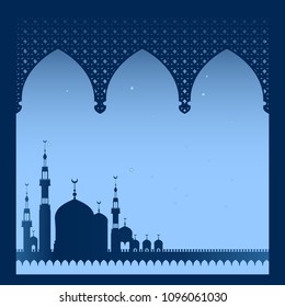 In the opening of the three-vaulted Muslim arch Silhouette of the mosque with a large number of domes and minarets against the background of a dark blue starry sky. Vector illustration.