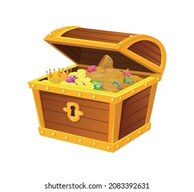 Opening treasures chest. Closing crate or wooden safe, mobile interface vector illustration isolated on white background