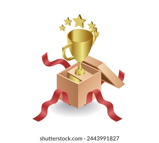 Opening trophy parcel concept, flat isometric 3d illustration