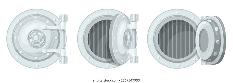 Abriendo la puerta de la bóveda. Puerta de banco abierta y cerrada, puerta de bóveda de animación abierta movimiento de puerta, caja de seguridad de casillero redondo metálico depósito de dinero o protección del tesoro, ilustración vectorial de la seguridad de la puerta cierre