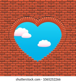 Opening in a wall in the form of heart. The sky through a wall is visible. Love wall. Vector illustration EPS 10 for title page brochure, cover book or magazine, love poster, ad party