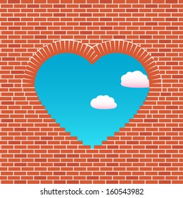 Opening in a wall in the form of heart. The sky through a wall is visible. Love wall. Love illustration