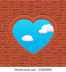 Opening in a wall in the form of heart. The sky through a wall is visible. Love wall. Vector illustration EPS 10 for title page brochure, cover book or magazine, love poster, ad party
