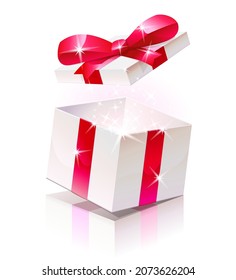 Opening a white gift package with a red ribbon on a white background