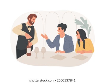 Opening a wine bottle isolated cartoon vector illustrations. Sommelier opens luxury wine bottle in front of couple, service sector, horeca business, restaurant customers vector cartoon.