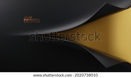 Opening wrapping black paper. Abstract 3d background. Paper turn. Black scroll corner sheets uncovering golden background. Curled corner sheet. Decoration for banner or poster design