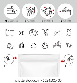 Opening zip locks, tear notch on pouch bag for dishwasher tabs set of icons. Set for package, shows the place of opening. Vector elements. Ready and simple to use for your design. EPS10.