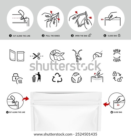 Opening zip locks, tear notch on pouch bag for dishwasher tabs set of icons. Set for package, shows the place of opening. Vector elements. Ready and simple to use for your design. EPS10.