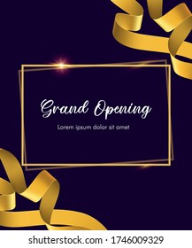 Opening/invitation card with golden box shape and sparkling confetti. Grand opening concept. Vector illustration template