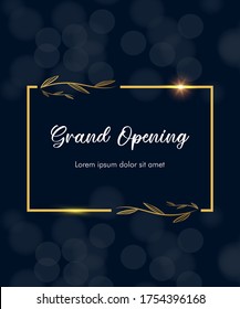 Opening/invitation card with golden box shape with leaves and flares. Grand opening concept. Vector illustration template