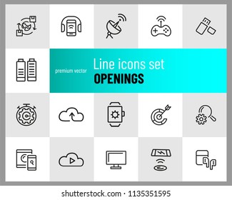 Openings icons. Set of  line icons. Networking, phone with headphones, browser. Internet and wireless technology concept. Vector illustration can be used for topics like technology, applications