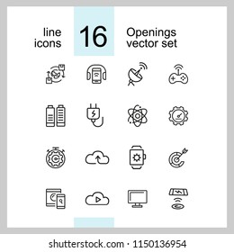 Openings icons. Set of  line icons. Networking, phone with headphones, browser. Internet and wireless technology concept. Vector illustration can be used for topics like technology, applications