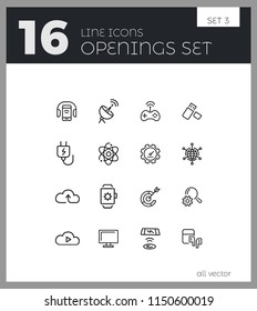 Openings icons. Set of  line icons. Networking, phone with headphones, browser. Internet and wireless technology concept. Vector illustration can be used for topics like technology, applications