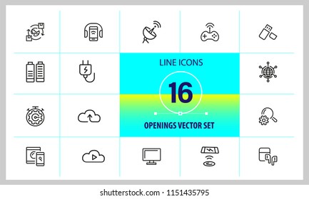 Openings icons. Set of  line icons. Networking, phone with headphones, browser. Internet and wireless technology concept. Vector illustration can be used for topics like technology, applications