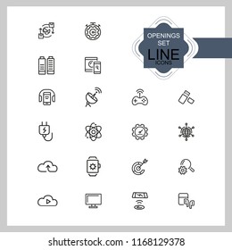 Openings icons. Set of  line icons. Networking, phone with headphones, browser. Internet and wireless technology concept. Vector illustration can be used for topics like technology, applications