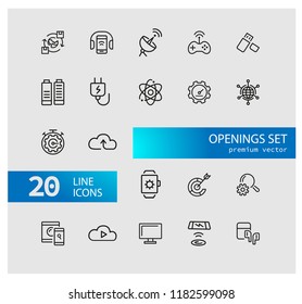 Openings icons. Set of  line icons. Networking, phone with headphones, browser. Internet and wireless technology concept. Vector illustration can be used for topics like technology, applications