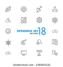 Openings icons. Set of  line icons. Networking, phone with headphones, browser. Internet and wireless technology concept. Vector illustration can be used for topics like technology, applications