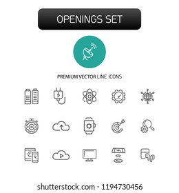 Openings icons. Set of  line icons. Networking, phone with headphones, browser. Internet and wireless technology concept. Vector illustration can be used for topics like technology, applications