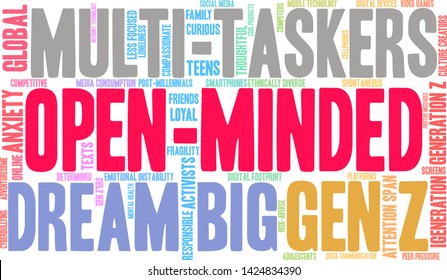 Open-Minded Generation Z word cloud on a white background. 