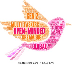 Open-Minded Generation Z word cloud on a white background. 