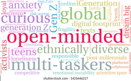 Open-Minded Generation Z word cloud on a white background. 