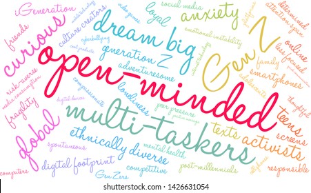 Open-Minded Generation Z word cloud on a white background. 