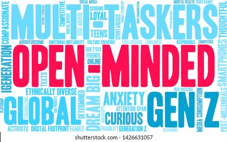 Open-Minded Generation Z word cloud on a white background. 
