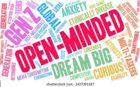 Open-Minded Generation Z word cloud on a white background. 