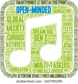 Open-Minded Generation Z word cloud on a white background. 
