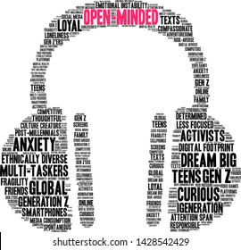 Open-Minded Generation Z word cloud on a white background. 