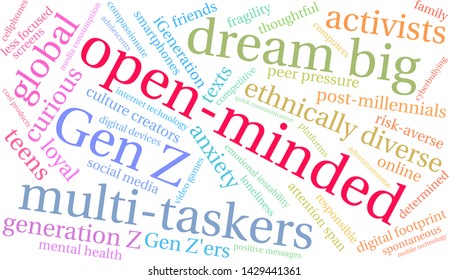 Open-Minded Generation Z word cloud on a white background. 