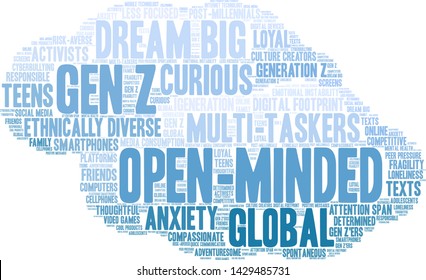 Open-Minded Generation Z word cloud on a white background. 