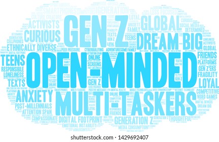 Open-Minded Generation Z word cloud on a white background. 
