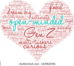 Open-Minded Generation Z word cloud on a white background. 