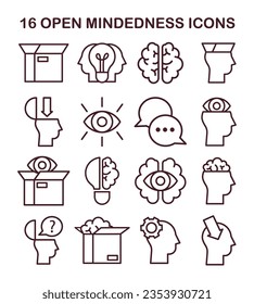 Open-mindedness icons set. The ability to accept new ideas and concepts. Psychological quality, willingness to listen and understand different points of view. Flat vector illustration