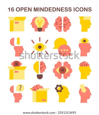 Open-mindedness icons set. The ability to accept new ideas and concepts. Psychological quality, willingness to listen and understand different points of view. Flat vector illustration