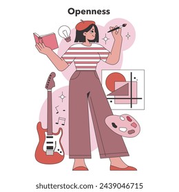 Rasgo de apertura en las Cinco Grandes Personalidades. La mujer creativa con varios símbolos artísticos representa la flexibilidad cognitiva y la sensibilidad estética. Ilustración vectorial plana