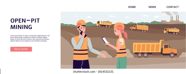 Open-pit mining banner template with mine employees and machinery, flat vector illustration on white background. Mining industry landing page or advertising site.