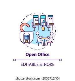 Open-plan Office Concept Icon. Office Environment Idea Thin Line Illustration. Space Without Boundaries. Collaboration, Coworking Improving. Vector Isolated Outline RGB Color Drawing. Editable Stroke