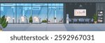 Open-plan office space with creative interior, furniture, panoramic window, meeting room, water cooler, potted plants, modern equipment and computers. A spacious environment for work. Not AI generated