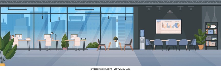Open-plan office space with creative interior, furniture, panoramic window, meeting room, water cooler, potted plants, modern equipment and computers. A spacious environment for work. Not AI generated